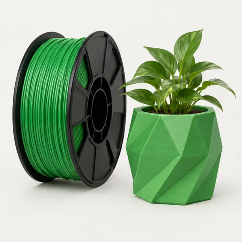 Zielony filament PLA i gotowa geometryczna doniczka z druku 3D
