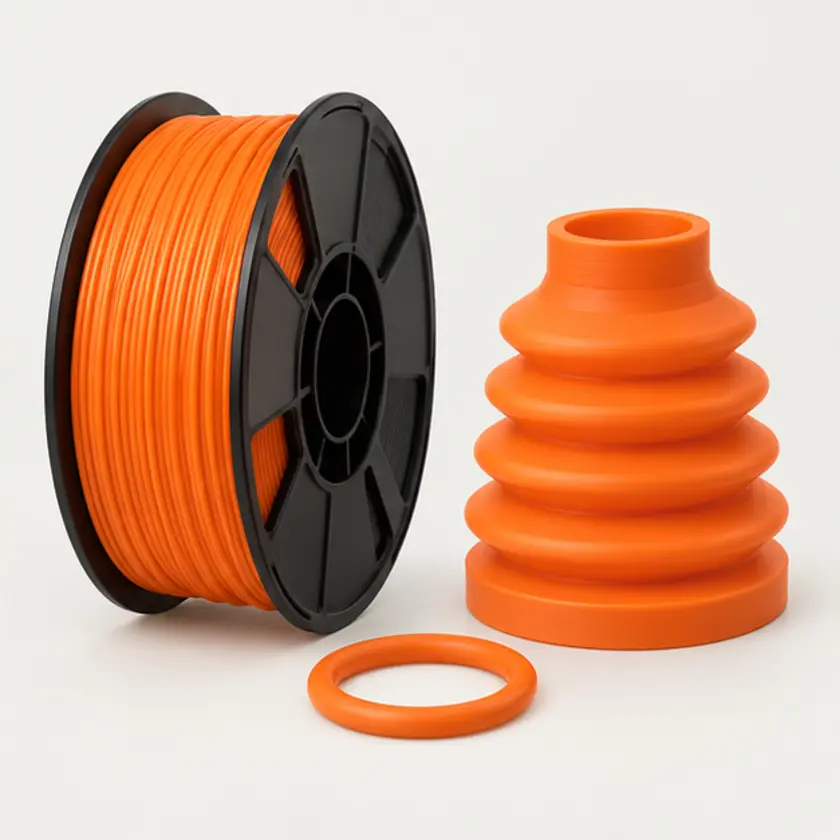 Pomarańczowy filament TPU oraz elastyczny mieszek i uszczelka