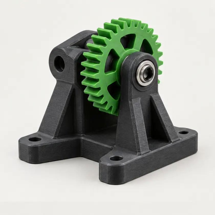 Techniczny wspornik z kołem zębatym wykonany w druku 3D
